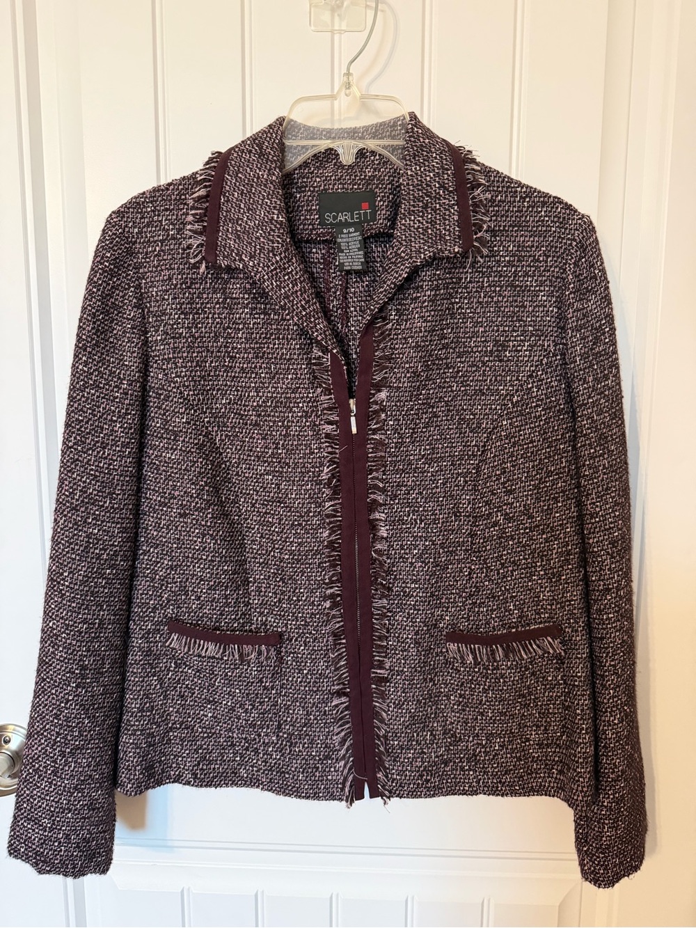 Scarlett Maroon Tweed Fringe-Trim Zip Jacket